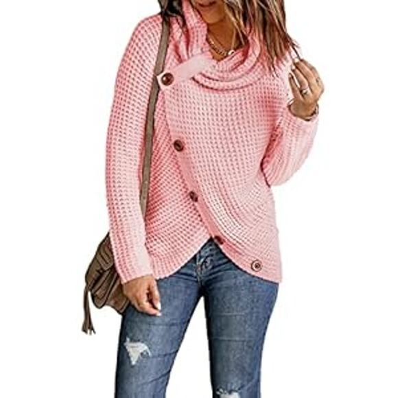 Pink Chunky Cowl Neck Pullover Sweater Womens Sz XL Asymmetrical Wrap Cozy Chic - Picture 1 of 12